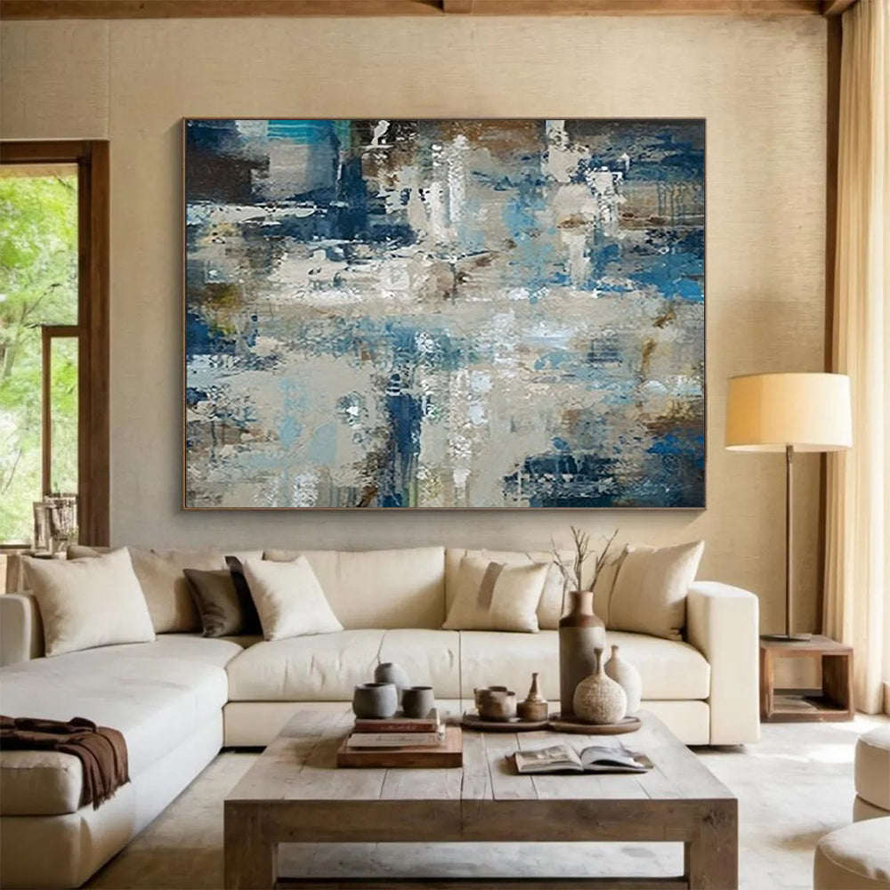 “Abstract Coastal Collage in Blues, Browns & Grays” - Modern Mixed - Media Oil Painting On Canvas PT036