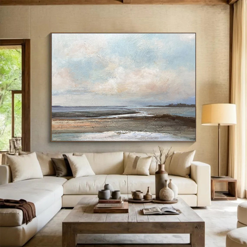 “Serene Coastal Marsh” - Blue, Gray & Brown Landscape, Impressionistic Oil Painting On Canvas DKS755