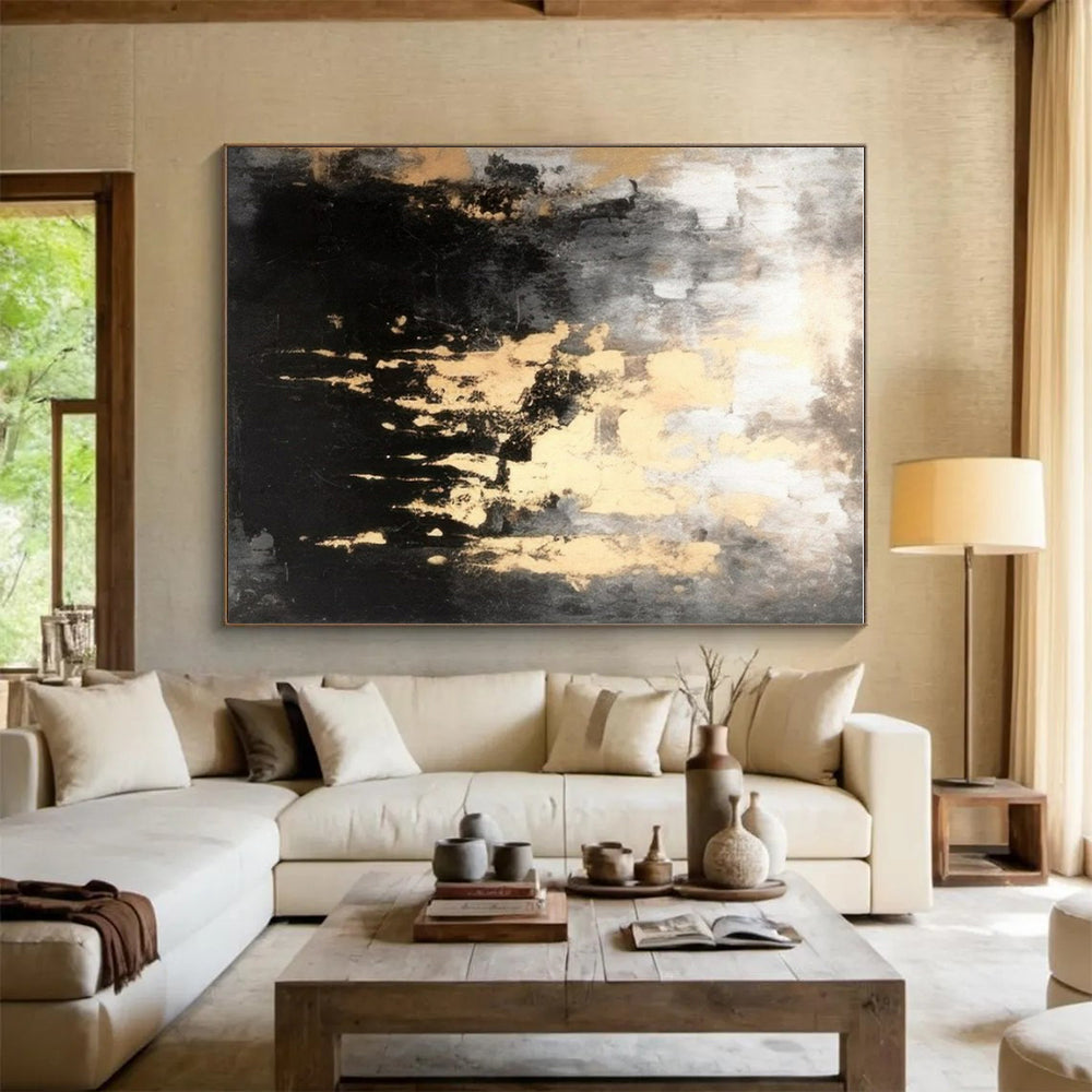 “Gilded Grayscale Drip” - Black, Gray, Gold Abstract Textured Painting On Canvas PS0622