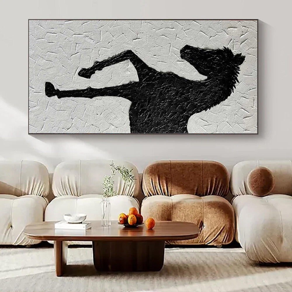 Textured Black Horse Silhouette on White "Equestrian Impression" Mixed - Media Painting On Canvas PS1079