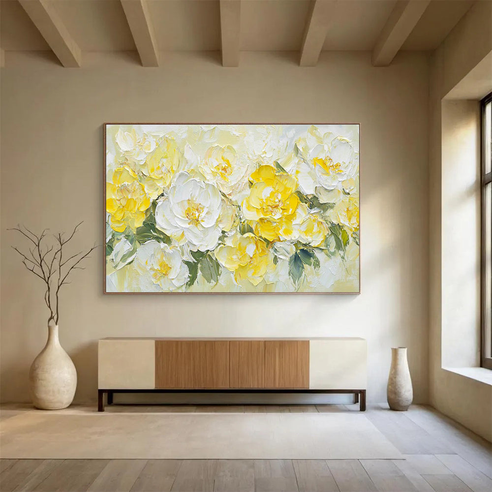 “Sunny Yellow & White Blooms” - Bright Floral, Impasto Flower Bouquet Painting On Canvas DKS696