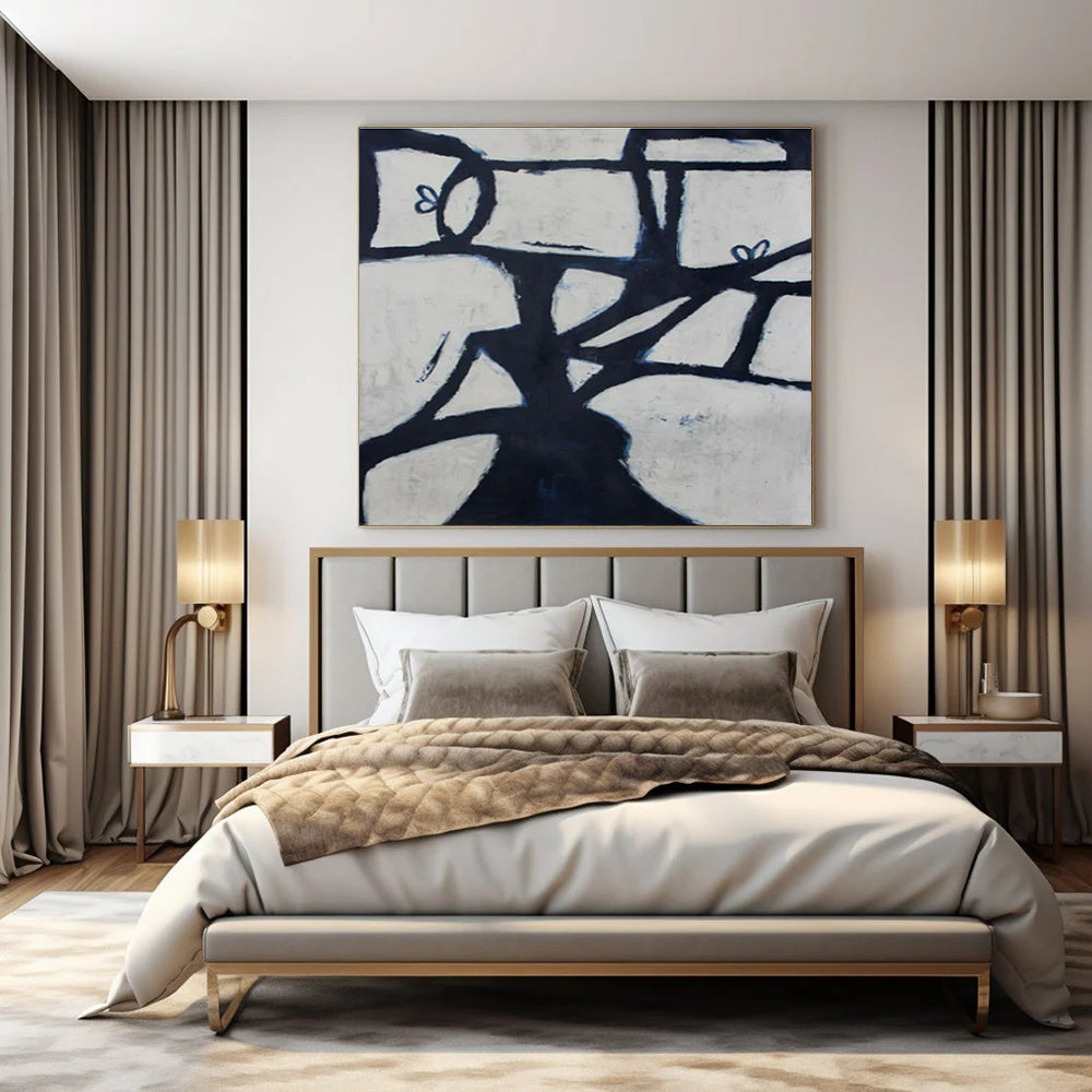 Black, White, Blue with Geometric Forms "Abstract Arbor" Abstract Painting On Canvas PS1418