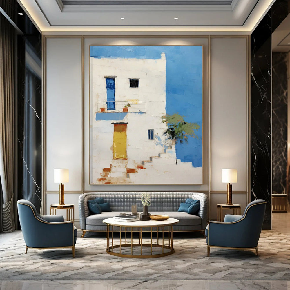 “White Building with Blue and Yellow Accents” - Impressionist Architecture Painting On Canvas PT1837