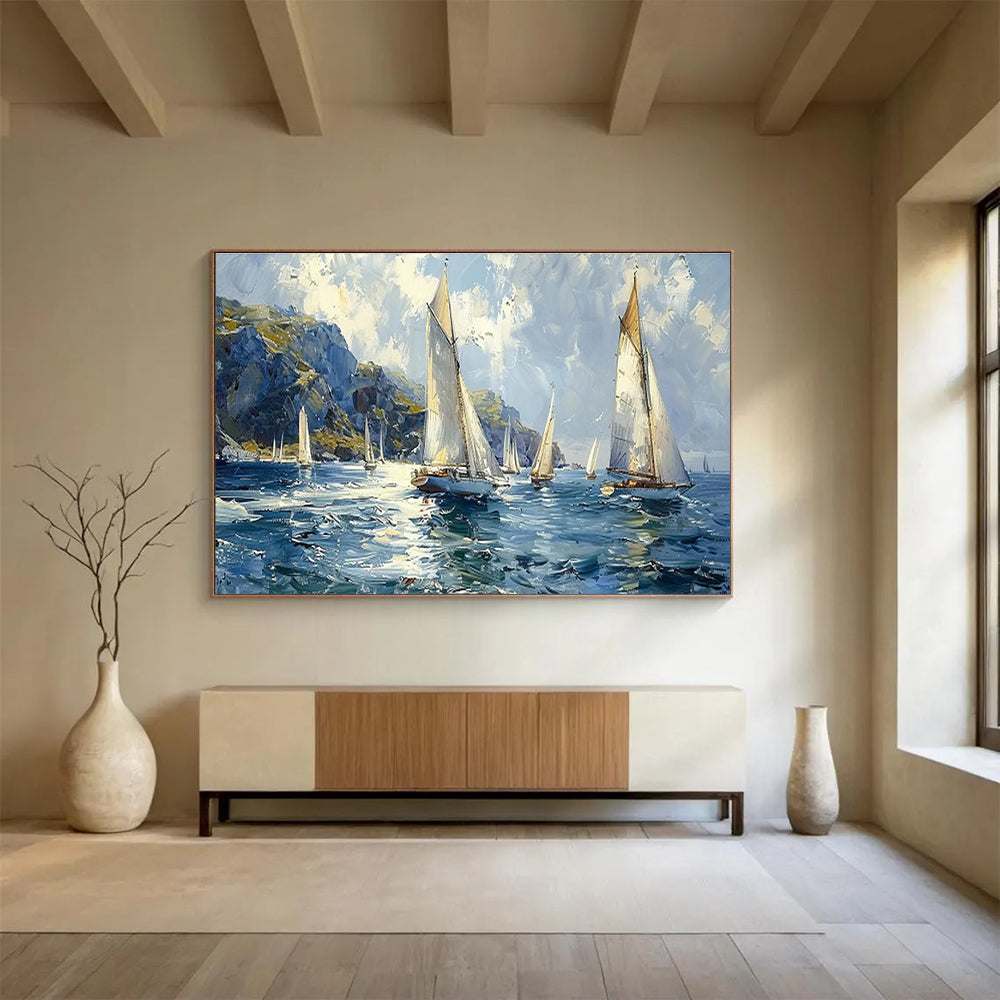 Sailing the Blue - Seaside Sailing Oil Painting, Ideal for Porch & Nautical - themed Room DKS669