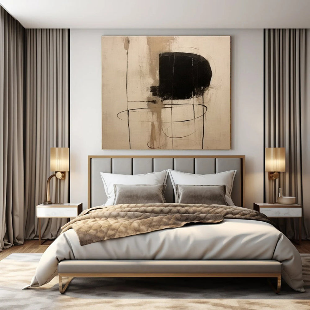 Beige, Black with Line and Shape "Linear Forms" Abstract Painting On Canvas PS1290