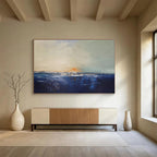 Sunset on Blue: Blue, Gray & Orange Abstract Landscape Painting for Beach House & Art - Inspired Library DKS650