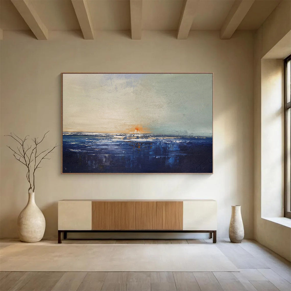 Sunset on Blue: Blue, Gray & Orange Abstract Landscape Painting for Beach House & Art - Inspired Library DKS650