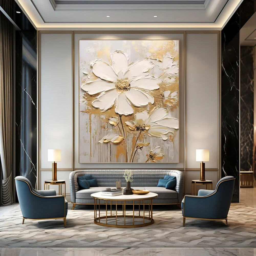 “White - Gold Floral Impasto” - Impressionist - Inspired Floral Painting On Canvas PT1395