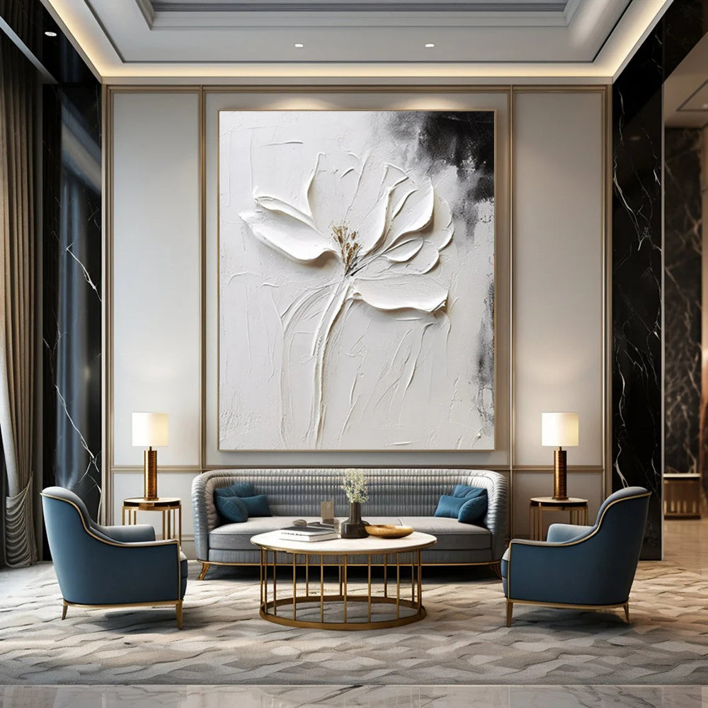 “White Flower in Relief” - Impasto Abstract Painting On Canvas PT2217