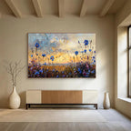 “Blue Wildflower Sunset” - Orange, Blue & Purple Floral, Impressionistic Field Painting On Canvas DKS698