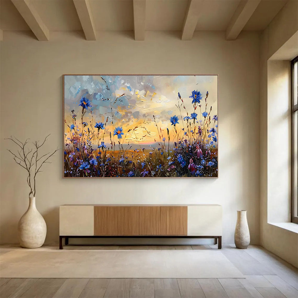 “Blue Wildflower Sunset” - Orange, Blue & Purple Floral, Impressionistic Field Painting On Canvas DKS698