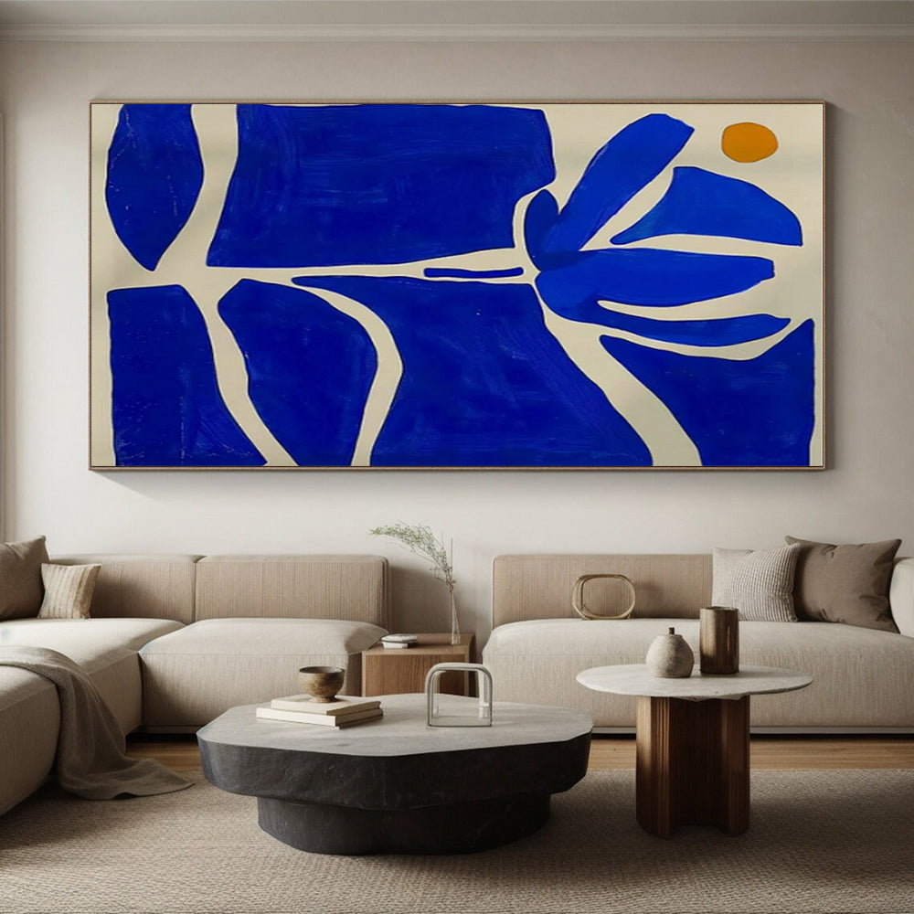 Blue, White & Orange Floral Abstract "Midnight Bloom" Painting On Canvas PS0872