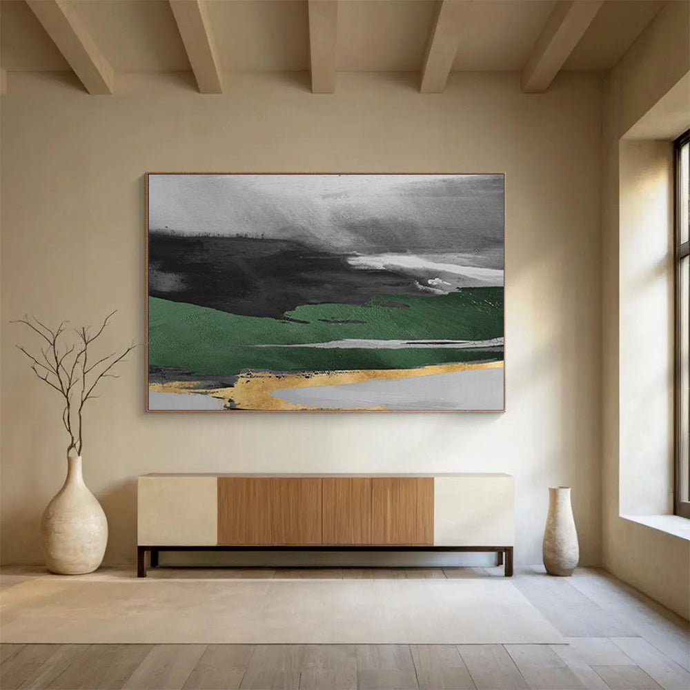 “Green and Gold Abstract Landscape” - Abstract Landscape Painting, Ideal for Dining Room & Entryway DKS606