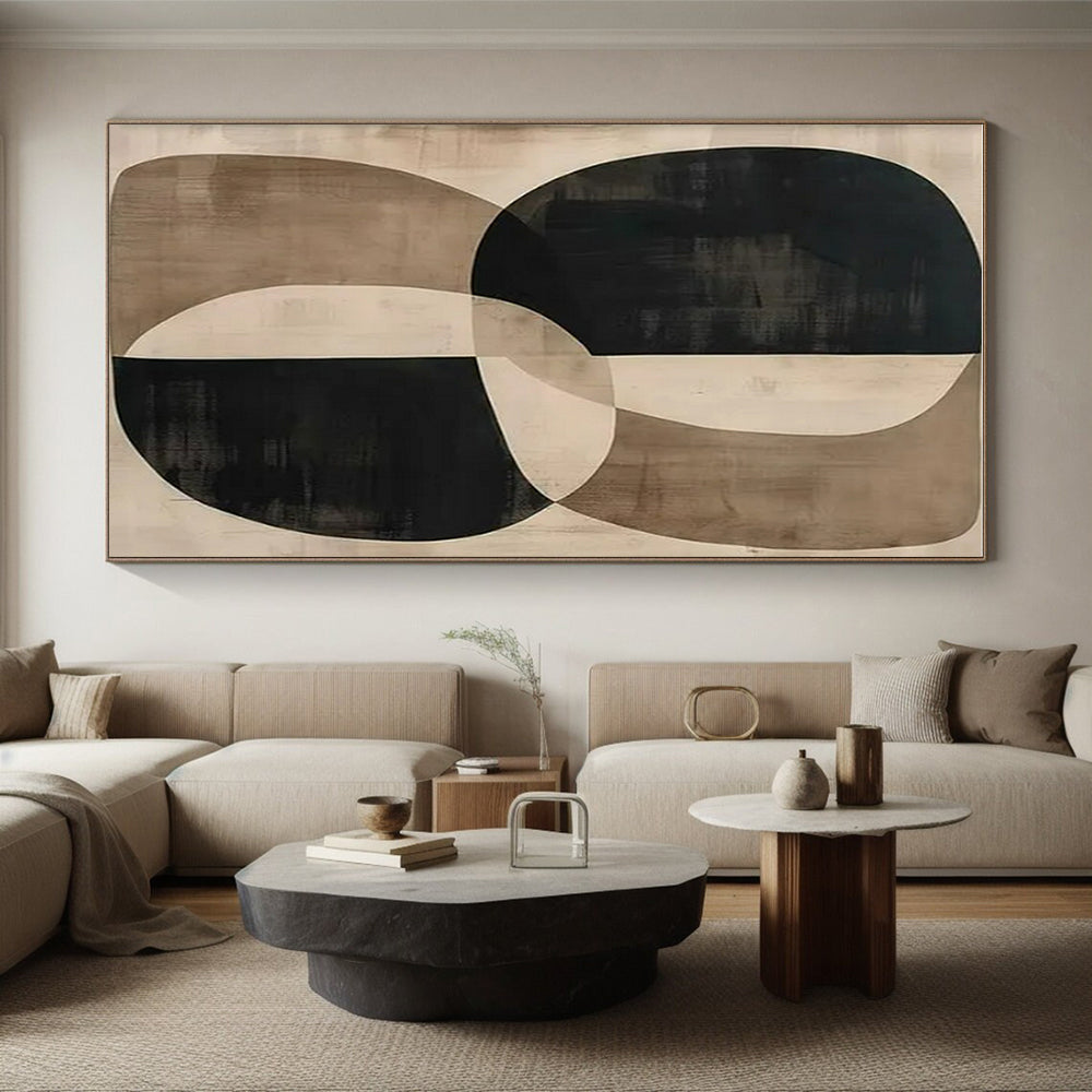 Black, Beige & Brown Geometric Abstract "Organic Forms" Painting On Canvas PS0865