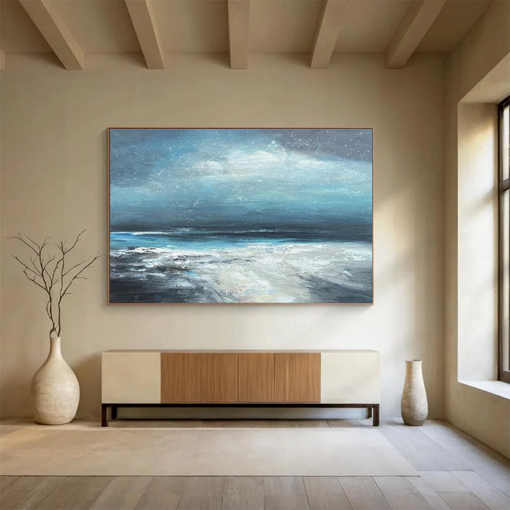 Blue - Grey Night Sky Over Sparkling Sea Seascape Painting On Canvas DKS111