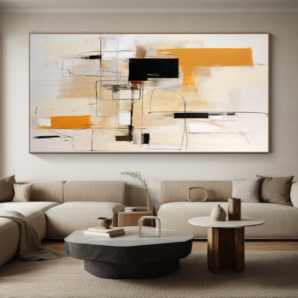 “Black, Orange & Beige Abstract Lines” - Abstract Geometric Painting On Canvas PS0404