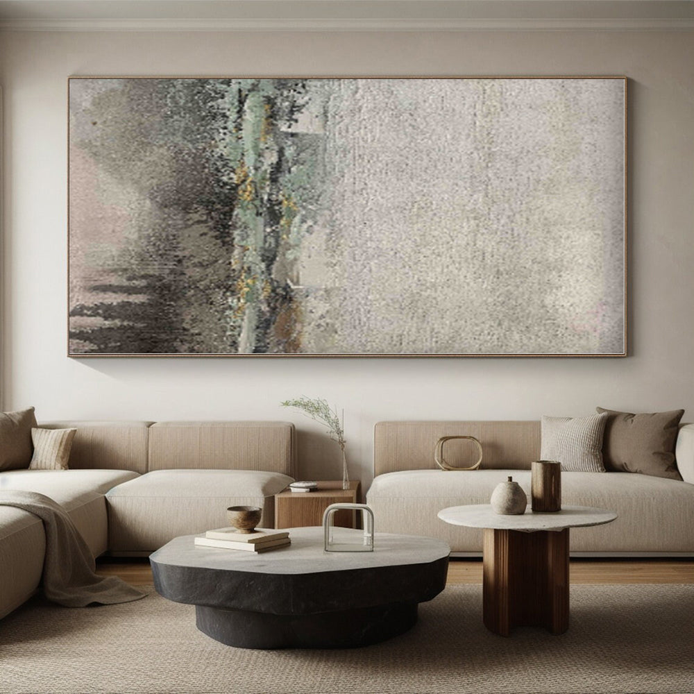 “Muted Landscape Impression” - Gray, Green, Yellow Abstract Landscape Painting On Canvas PS0565