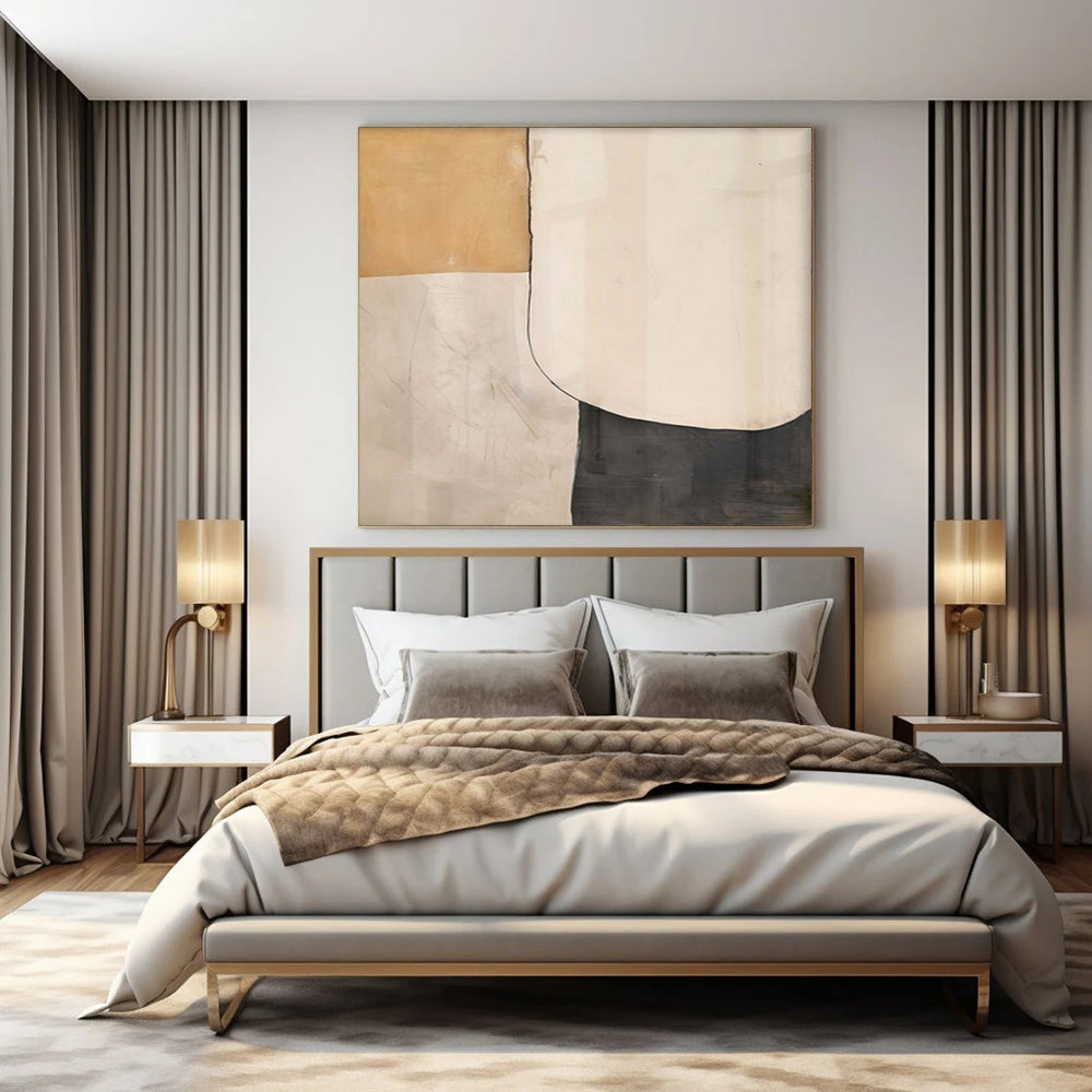 Beige, White, and Black Geometric Shapes "Minimalist Harmony" Abstract Geometric Painting On Canvas PS1044