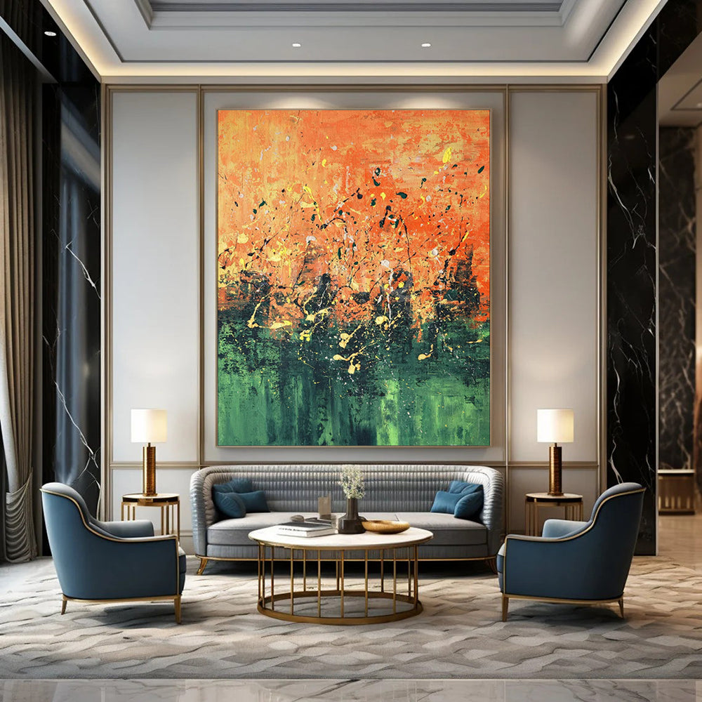 “Vibrant Orange and Green Abstract Splatter” - Abstract Expressionist Painting On Canvas PT1939