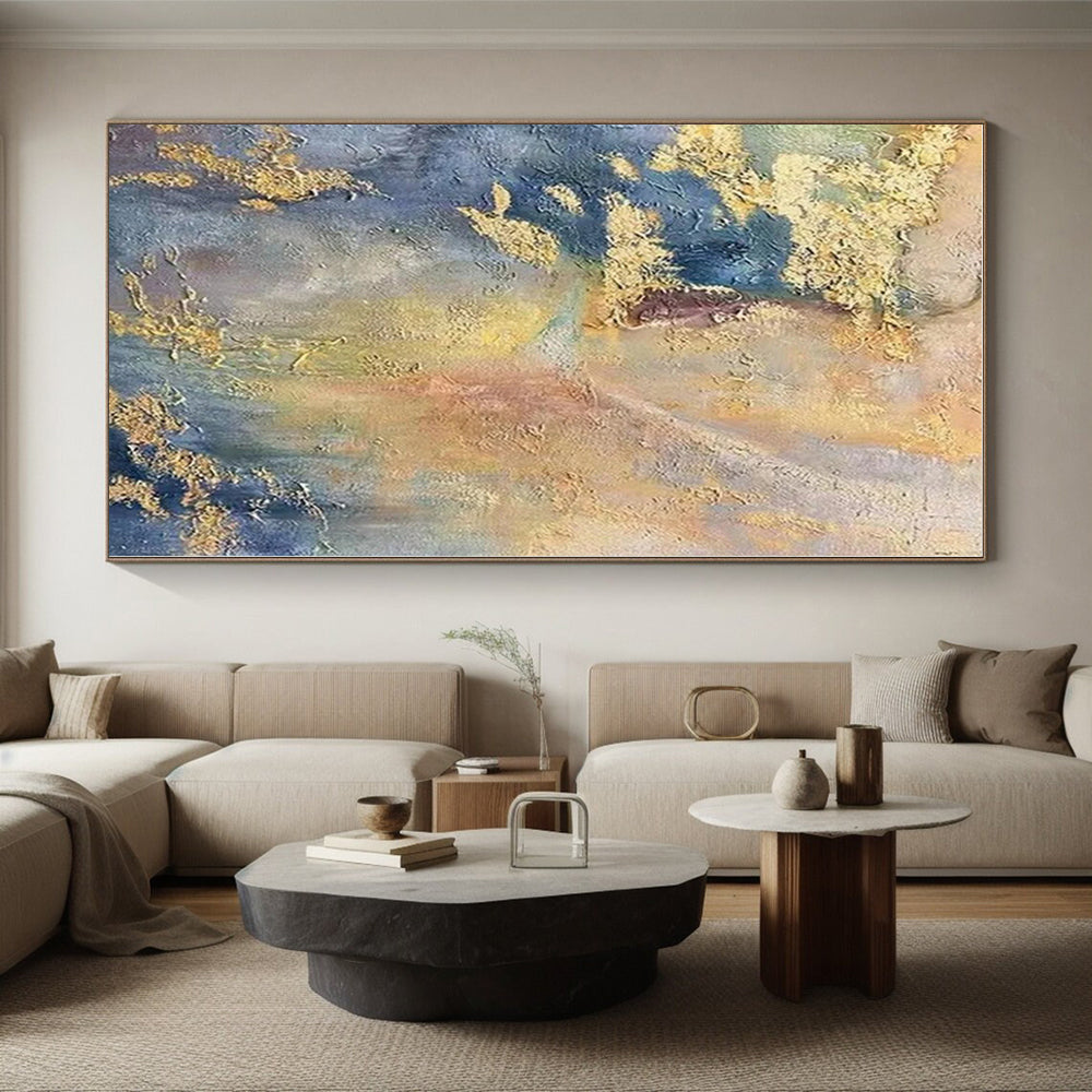 “Gold - Blue - Yellow Textured Abstraction” - Gold, Blue, Yellow Abstract Textured Painting On Canvas PS0582