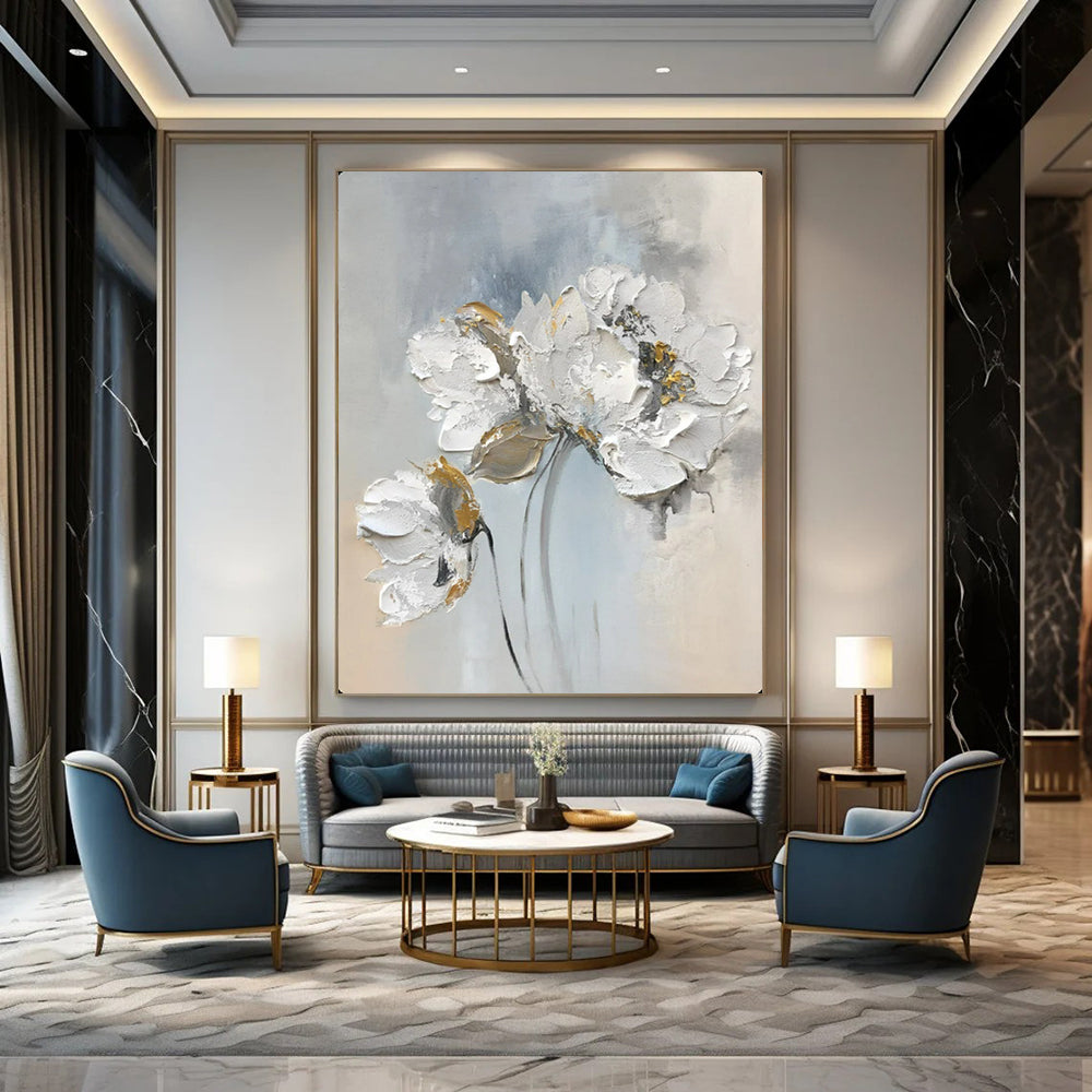 Elegant Blooms White & Gold Impasto Flowers, Painting On Canvas PT2149