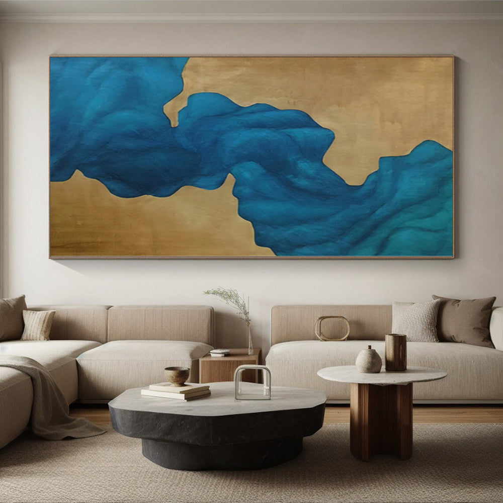 “Blue - Gold Abstract Flowing Shapes” - Elegant Abstract Painting On Canvas PS0343