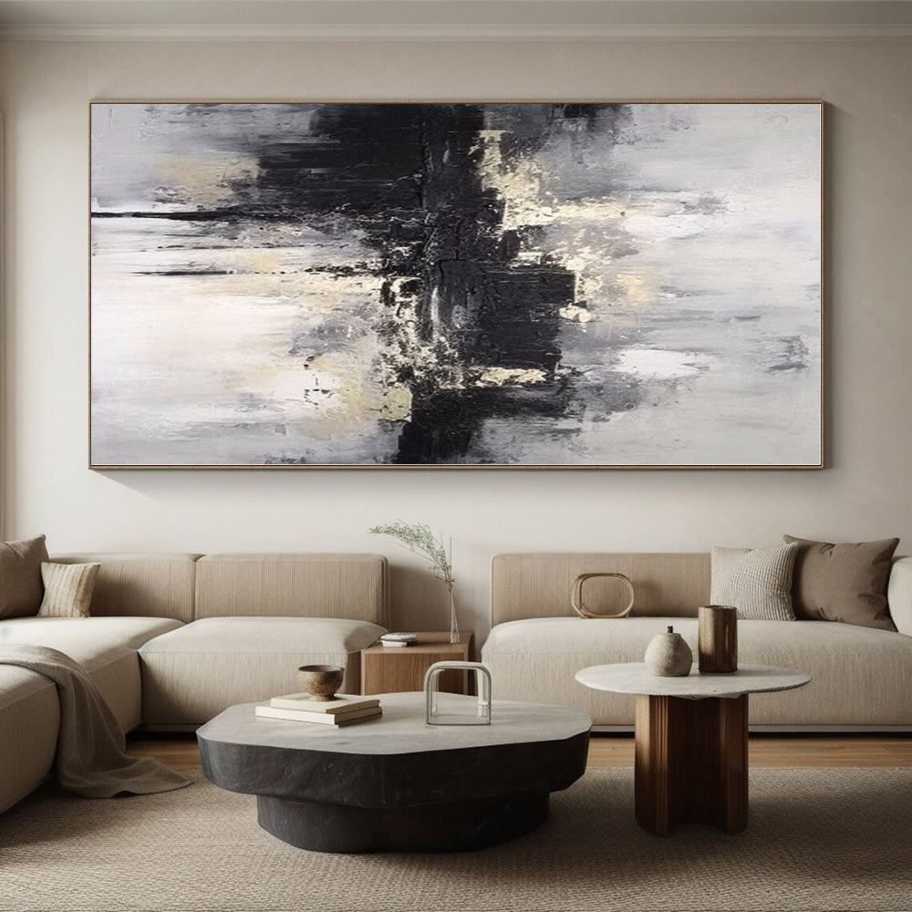 “Monochrome Textured City” - Black, White, Gray Abstract Cityscape Painting On Canvas PS0546