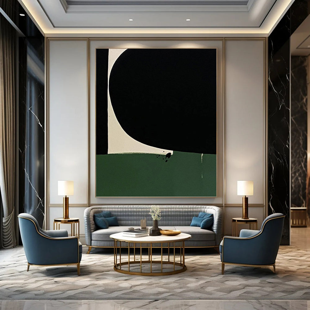 “Black - Green - White Abstract” - Minimalist Abstract Painting On Canvas PT1214