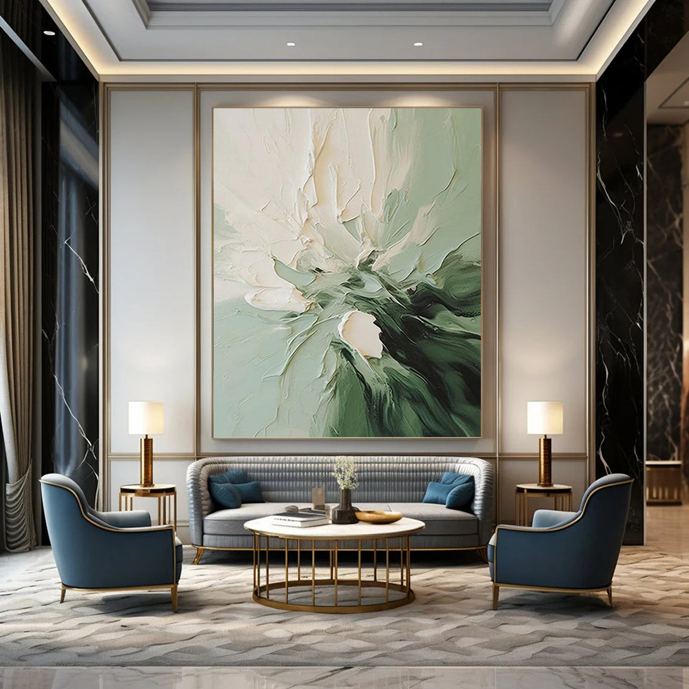 “Green - White Textured Blossom” - Impasto Abstract Painting On Canvas PT1185