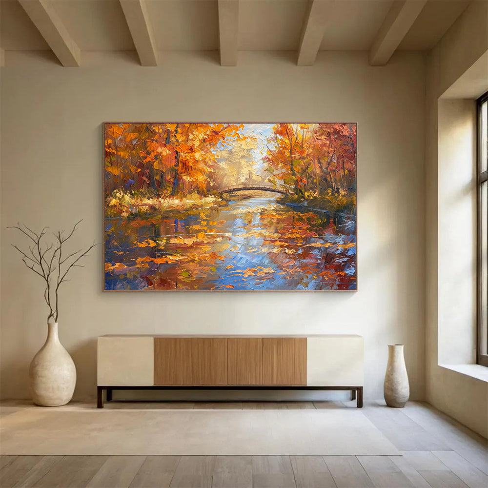 “Autumn River Walk” - Realistic Fall Landscape Painting On Canvas PT196