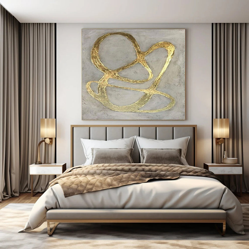 Gray with Intertwined Gold Lines "Golden Entanglement" Opulent Abstract Painting On Canvas PS1098