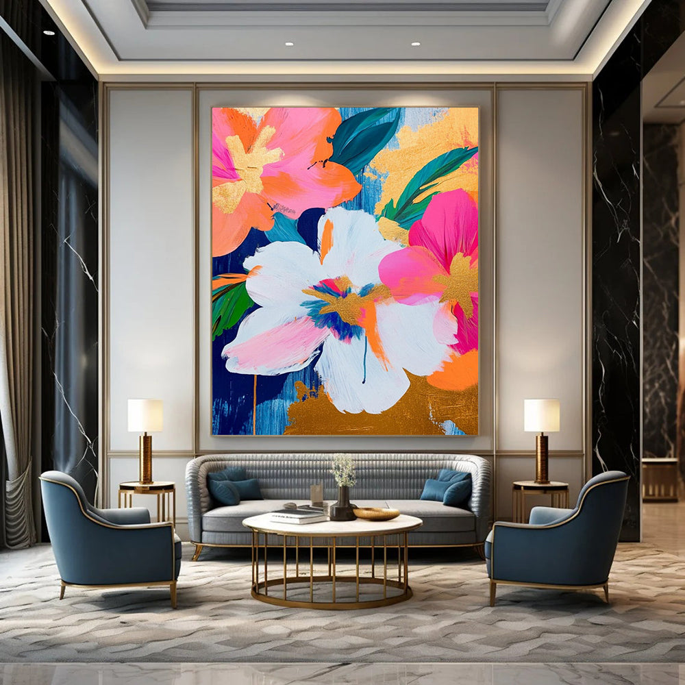 “Pink, Orange & Gold Floral” - Bold Floral Abstract Painting On Canvas DS284