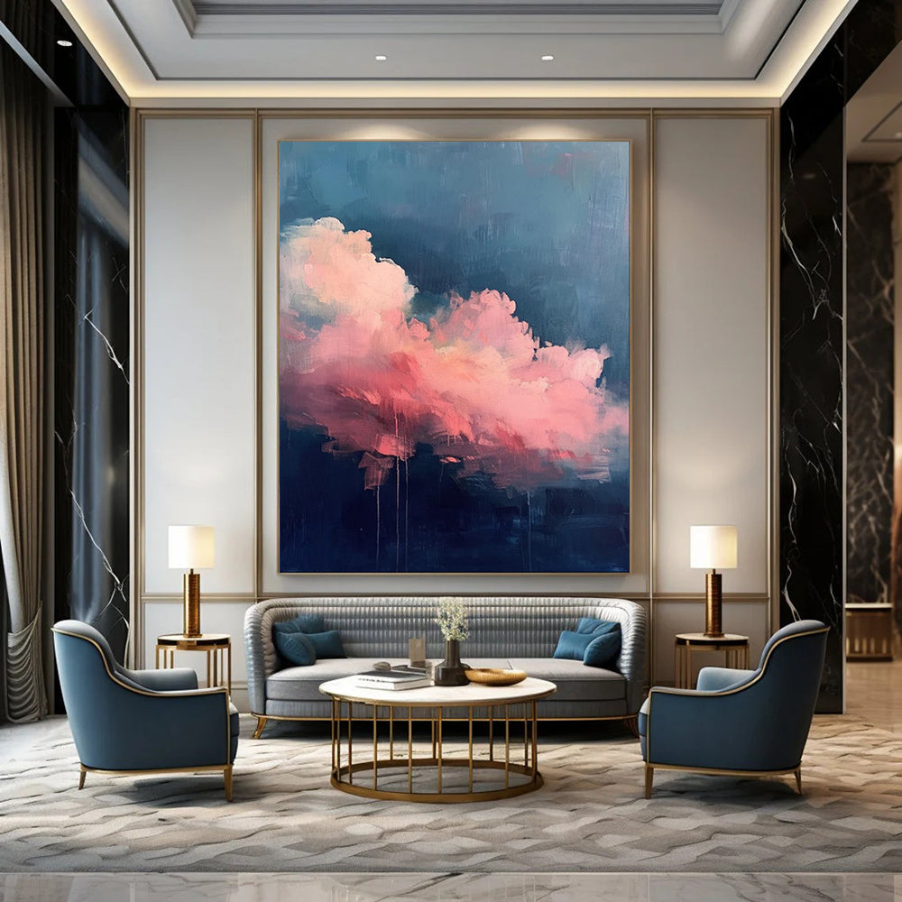 “Pink - Blue Cloudscape with Drips” - Abstract Cloud Painting On Canvas PT1976