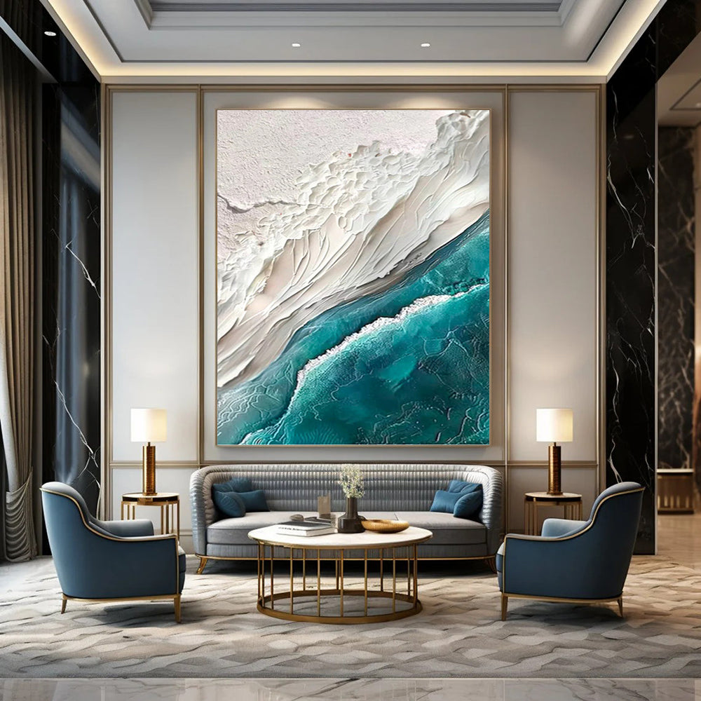 “White - Teal Textured Coast” - Impressionist - Inspired Seascape Painting On Canvas PT1394