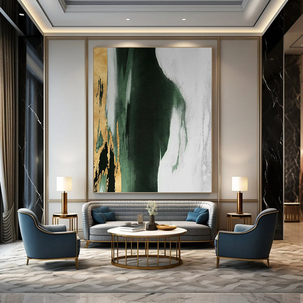 “Green - White - Gold Abstract Form” - Textured Abstract Painting On Canvas PT1234