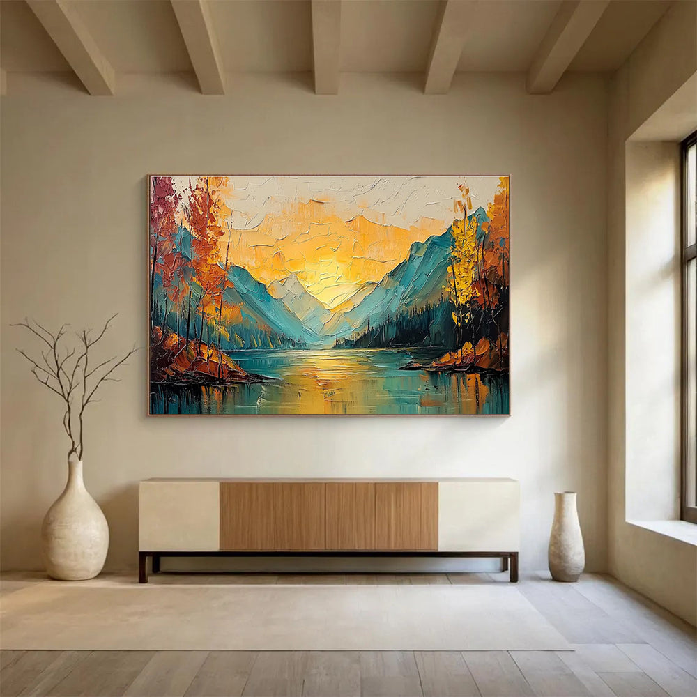 “Impasto Mountain Lake Sunset” - Impasto Oil Landscape Painting On Canvas DKS861