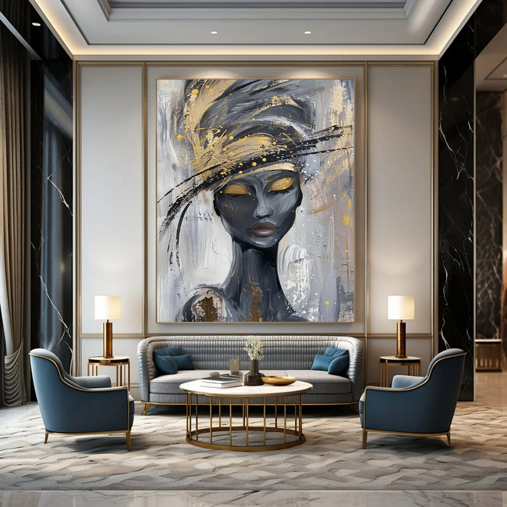“Stylized Woman with Gold and Gray” - Contemporary Acrylic Painting On Canvas PT2197