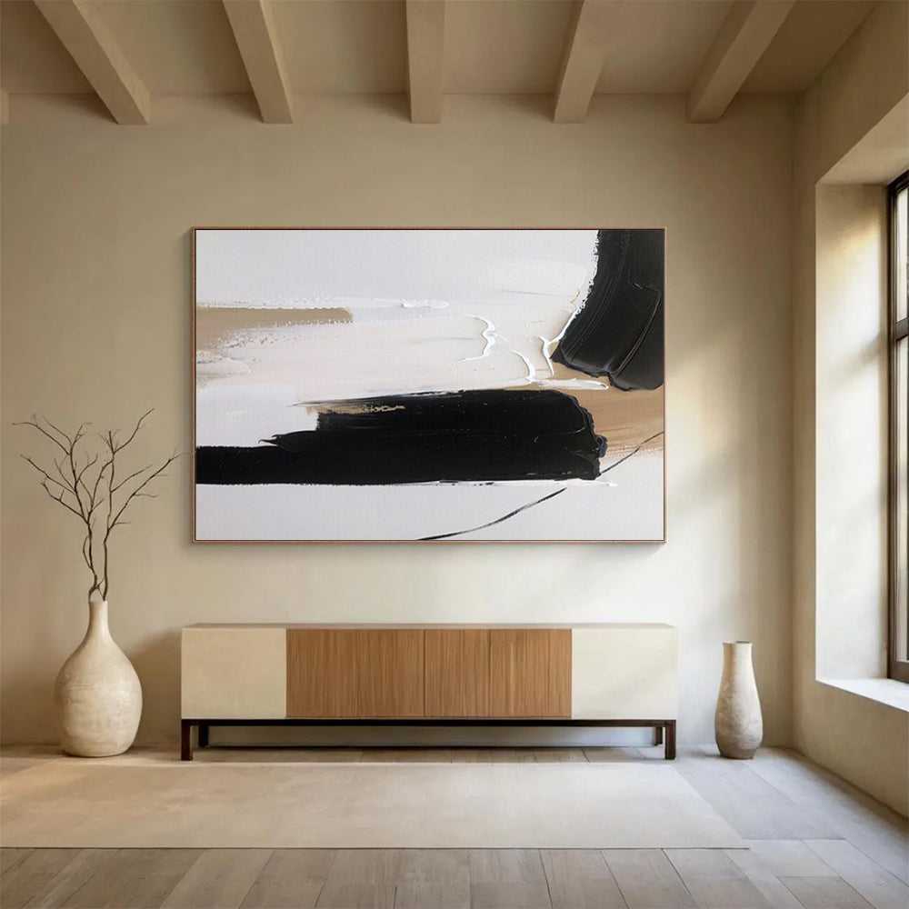 “Black - Beige Minimalist Strokes” - Minimalist Abstract Painting On Canvas PT1563