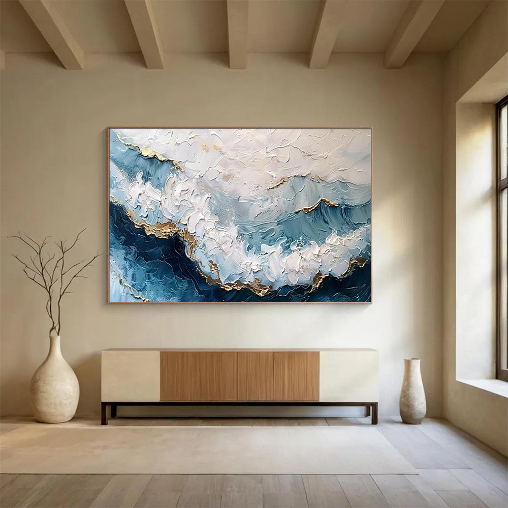 Textured Ocean Waves with Gold - Coastal Impasto Painting On Canvas DKS347