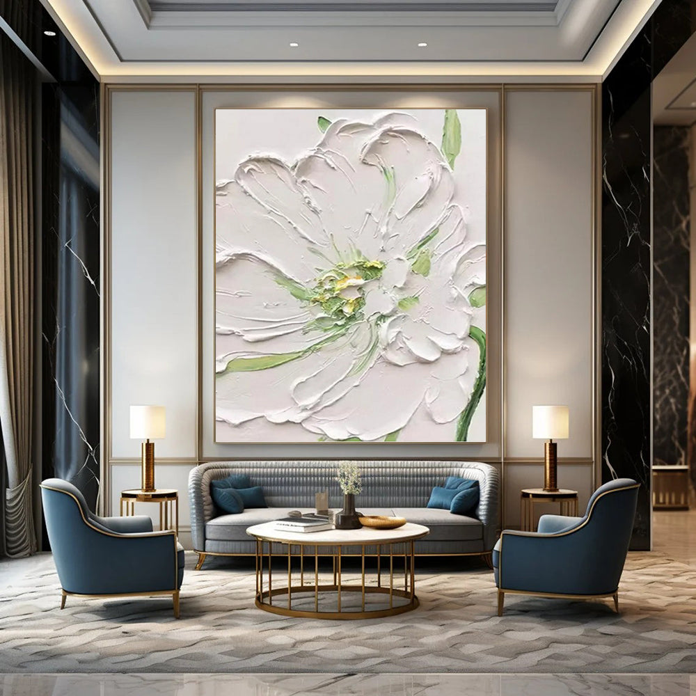 “White - Green Floral Relief” - Realist - Inspired Floral Painting On Canvas PT1398