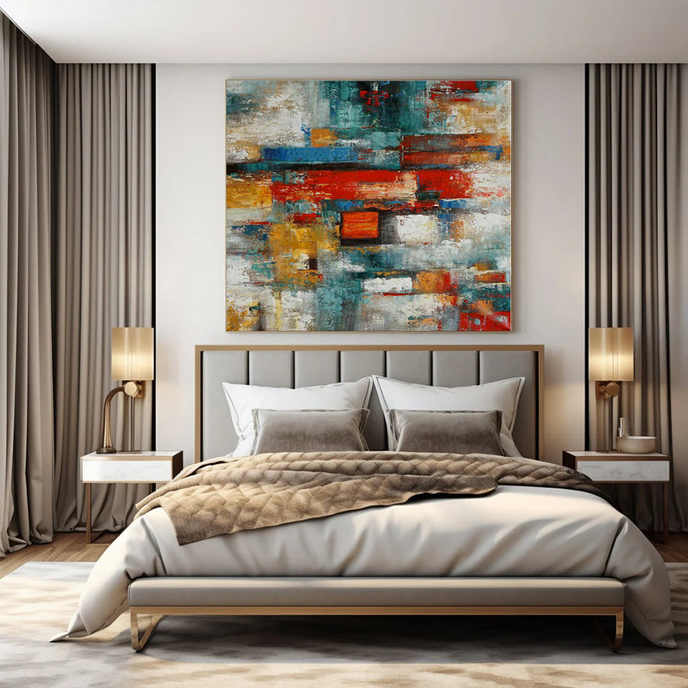 Colorful Geometric Blocks "Vibrant Cityscape" Abstract Painting On Canvas PS1395