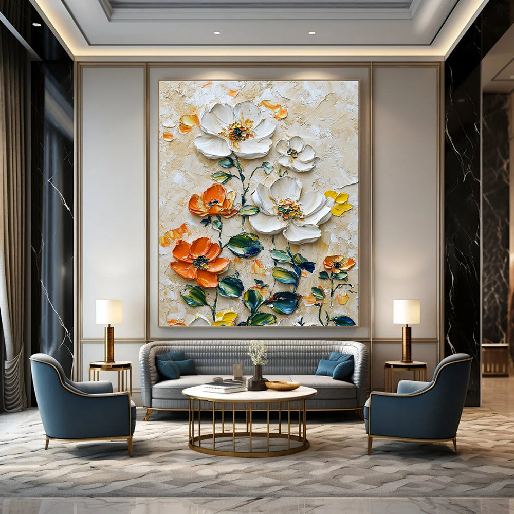 “Impasto White - Orange Floral Oil Art” - Oil Painting On Canvas PT2068