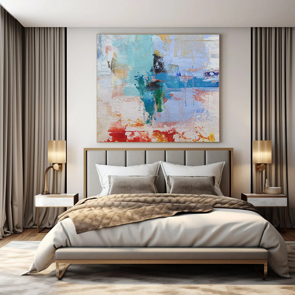 Blue, Green, Red, White, Orange with Energetic Strokes "Market Fiesta" Abstract Painting On Canvas PS1390