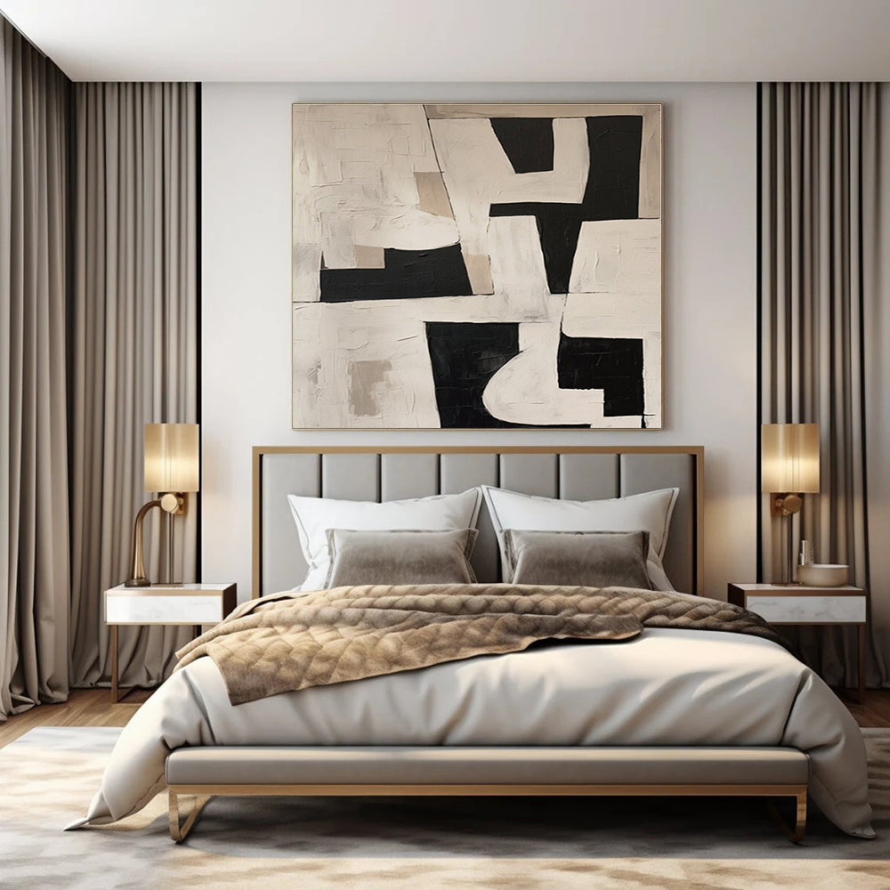 Black, White, Beige with Geometric Shapes "Geometric Rhythm" Abstract Painting On Canvas PS1364