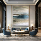“Muted Tones Seascape: Grey, Blue, and Beige” - Abstract Coastal Painting On Canvas PT0945