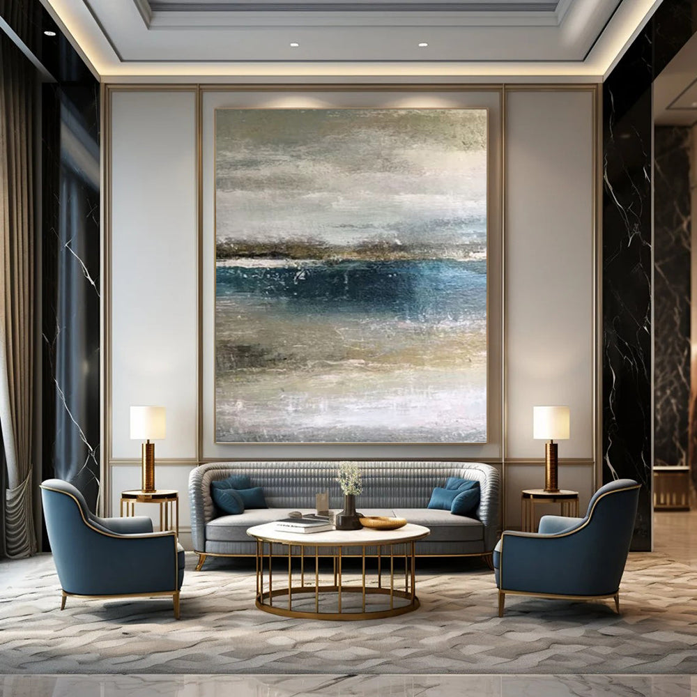 “Muted Tones Seascape: Grey, Blue, and Beige” - Abstract Coastal Painting On Canvas PT0945