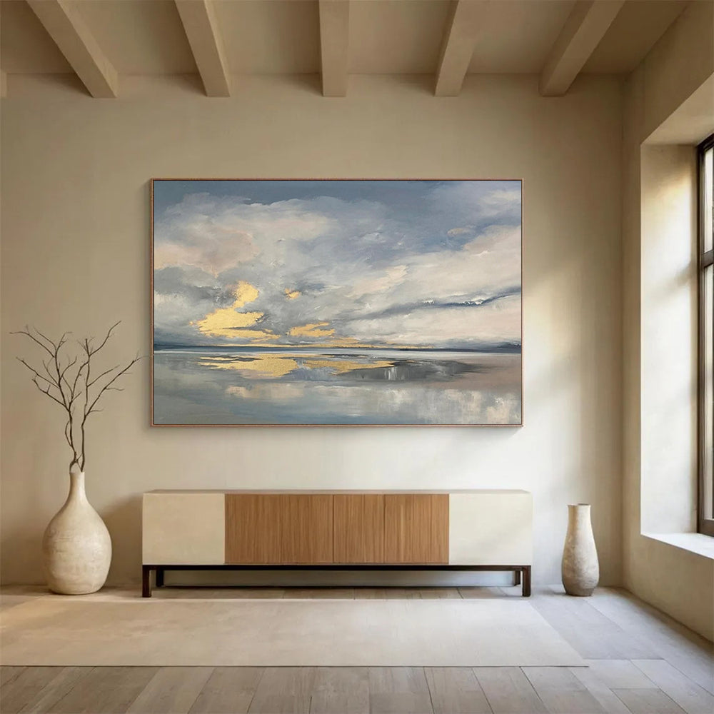 “Gray - Gold Sky Reflection” - Landscape Painting On Canvas PT253