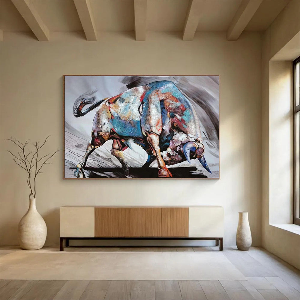 “Colorful Charging Bull” - Expressionist Animal - Painting On Canvas PT1747