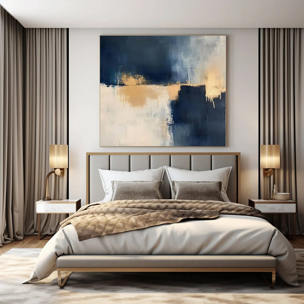 Navy, White, Gold with Abstract Drips "Gilded Tide" Abstract Painting On Canvas PS1309