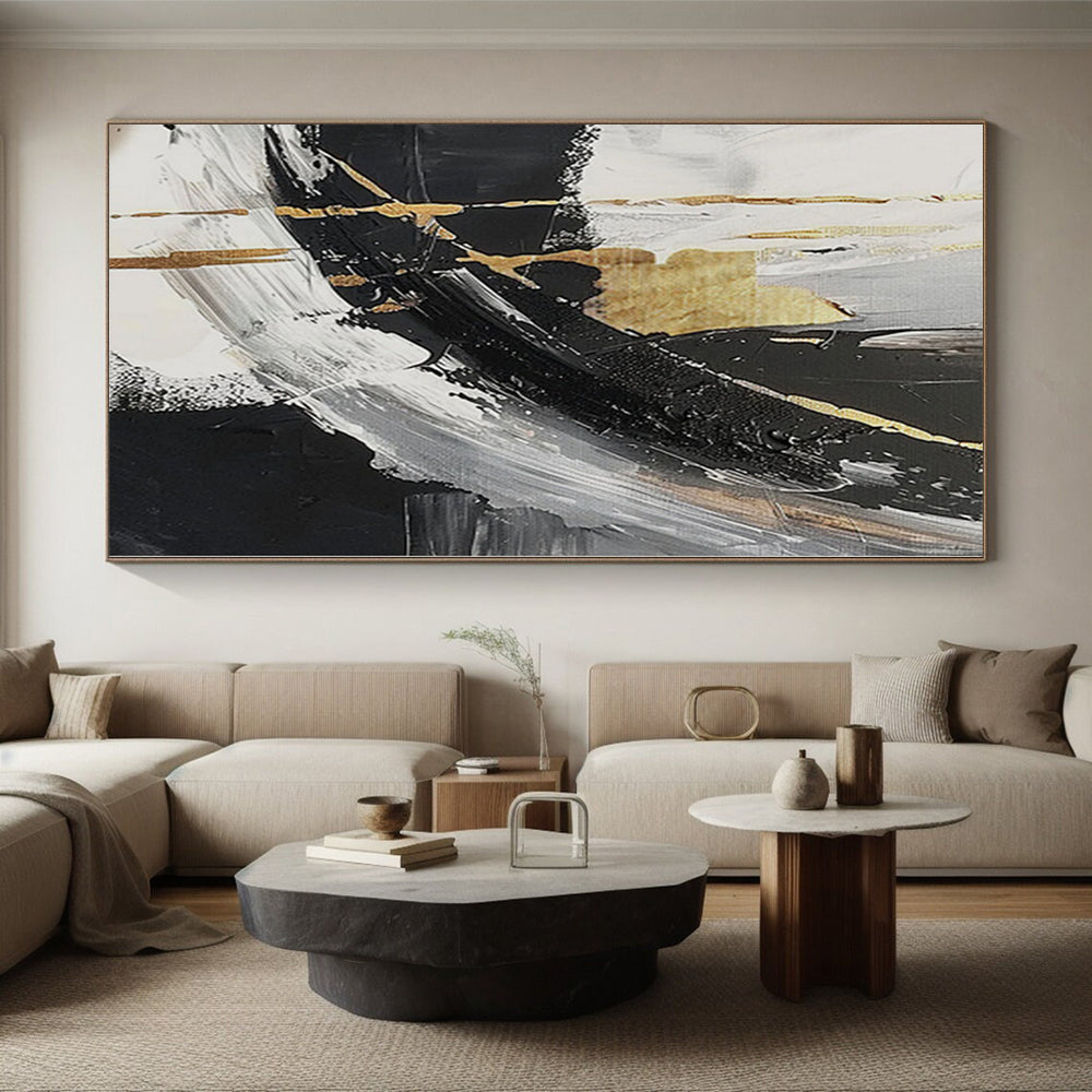 “Black - White - Gold Abstract” - Opulent Abstract Painting On Canvas PS0085